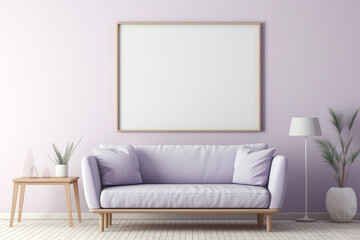 A modern living area in shades of muted lavender, featuring simple furniture and an empty white frame mockup against the wall.