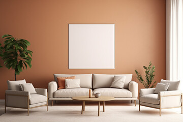 A modern living area in shades of muted terracotta, featuring simple furniture and an empty white frame mockup against the wall.