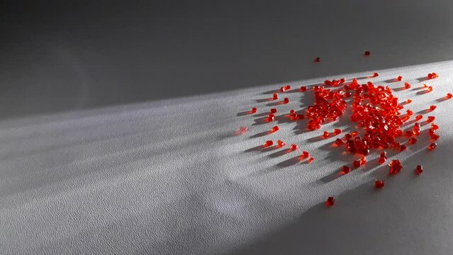 Transparent red polycarbonate masterbatch granules poured over a white background with dramatic light lines, this polymer is a colorant for products in the plastics industry