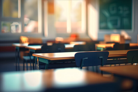 A classroom setting with a blurred background and an empty student desk arrangement, 