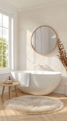Modern bathroom interior with a white bathtub, round mirror and small table decorated with flowers on a light beige wall with a black window frame.