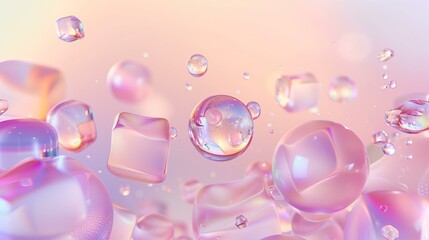 3D abstract scene with floating translucent spheres and cubes in pastel colors creating a dreamy effect