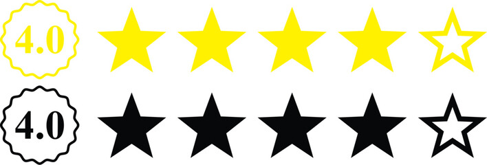 Obraz premium 4 star rating, rate us, review vector icon set isolated on white background. icons for game, rating, ui, feedback, website. Product rating or customer review with gold n black full and half star 
