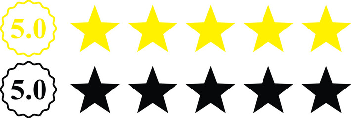 Fototapeta premium 5 star rating, rate us, review vector icon set isolated on white background. icons for game, rating, ui, feedback, website. Product rating or customer review with gold n black full and half star 