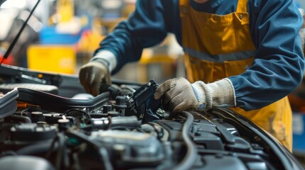 Mechanic working on a car in a garage, tools and equipment, hands-on repair, professional uniform, automotive expertise, industrial background, copy space.