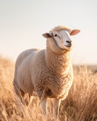 Naklejka premium Close-up of a sheep standing in a golden field under clear skies, highlighting its wool against the natural backdrop.