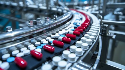 Detailed view of pills moving on a conveyor belt in a pharmaceutical factory, shiny metal machinery, precise operation
