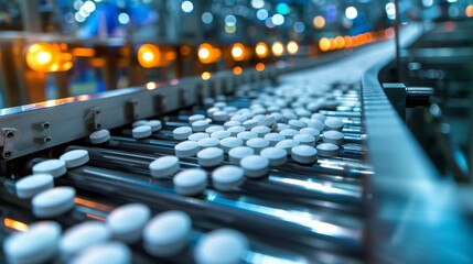 Obraz premium Detailed view of pills moving on a conveyor belt in a pharmaceutical factory, shiny metal machinery, precise operation