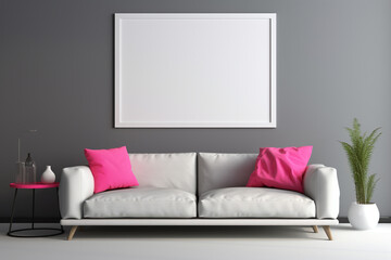 A modern living room featuring a pop of neon pink on a wall, complemented by a minimalist grey sofa and a blank white frame mockup.