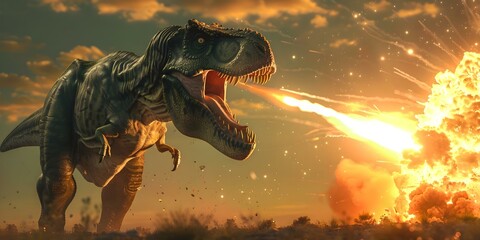 Obraz premium Hyperrealistic depiction of Tyrannosaurus rex during meteorite impact causing dinosaur extinction. Concept Dinosaur Extinction, Tyrannosaurus rex, Meteorite Impact, Hyperrealistic Depiction