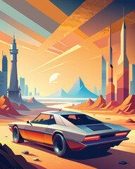 Futuristic car in desert. Retrofuturism style vector illustration.