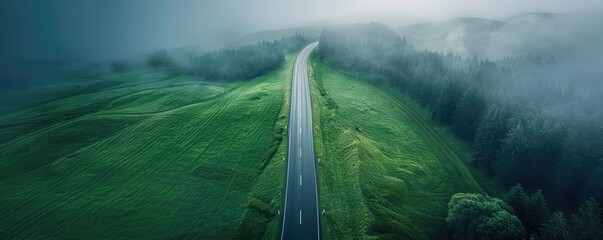 Aerial view of a serene, winding road slicing through lush green hills and misty fog, creating a tranquil, picturesque landscape.