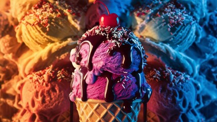 Ice cream cone, brimming with a vibrant array of colors. The ice cream is dripping down the cone. Atop this treat, a medley of sweet toppings such as chocolate sauce, sprinkles, maraschino cherry