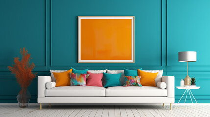 A modern living room with a bold teal accent wall, a white leather sofa, and a blank white frame mockup hanging on a gallery wall of colorful abstract paintings.