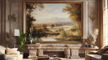 A large landscape painting in a frame mockup above a stone mantelpiece, providing a naturalistic touch to a sophisticated living room with earthy tones and elegant decor.
