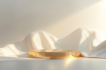 3D rendering of a gold podium with a white cloth draped behind it.