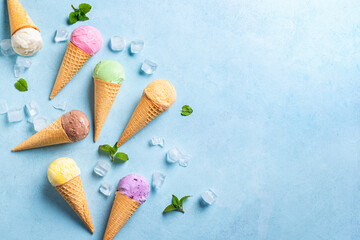 Various ice cream scoops in cones