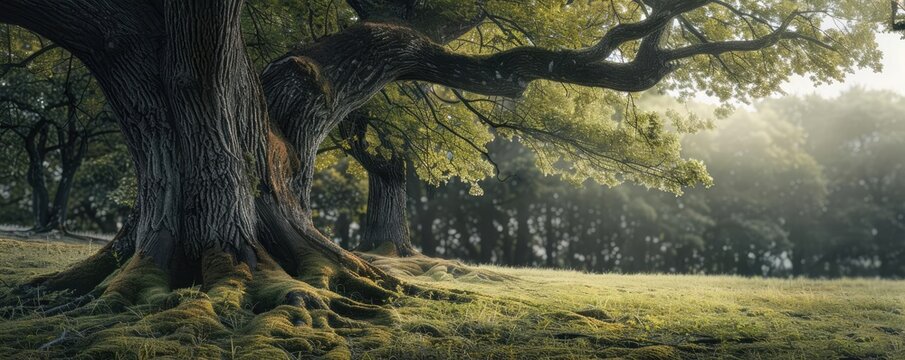 A tranquil scene in a lush forest with sunlight filtering through ancient trees, casting a serene and calming atmosphere.