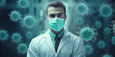 Healthcare professional wearing a mask surrounded by virus particles, highlighting the importance of medical precautions and protection.