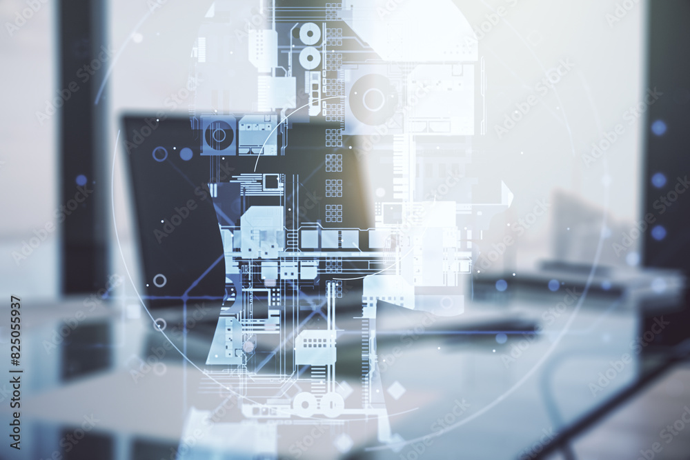 Aufkleber Double exposure of creative artificial Intelligence symbol with modern laptop on background. Neural networks and machine learning concept