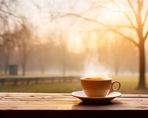 Morning sunlight illuminates a steaming cup of coffee on a wooden bench, creating a tranquil and warm outdoor setting.