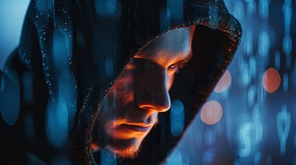 Close-up of a hacker in a black hoodie, glowing computer screens and encrypted data symbols