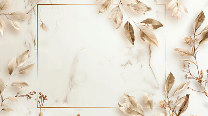 A luxurious marble background with a delicate gold frame of leaves and flowers. Perfect for a wedding invitation, save the date, or any special occasion.