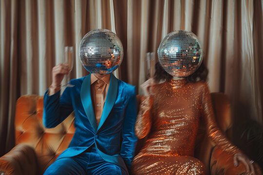 couple with disco ball heads sitting on the  couch, blue and orange tones, festive , curtain background, retro party vibes, surreal 70s  theme, funky holiday card with copy space and motion blur