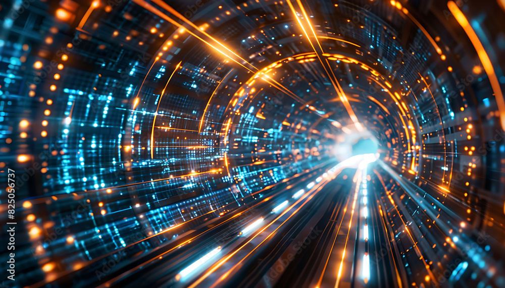 Fototapete abstract visual of high-speed broadband connectivity, showcasing a dynamic tunnel of blue and orange
