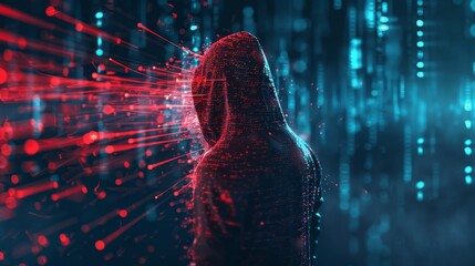 A red-hooded figure breaking through a digital firewall, streams of data and code fragments, cybersecurity concept