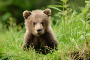 Fototapeta premium Cute brown bear cub stares gently at the camera surrounded by lush green grass