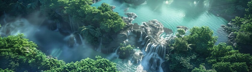 Aerial view of a lush tropical rainforest with cascading waterfalls and mist, creating a serene and picturesque natural landscape.