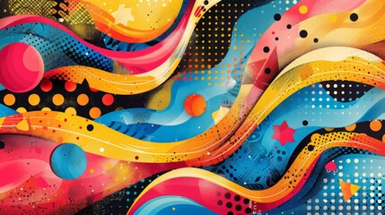 This vibrant pop art background captures the essence of the 1960s with its bold colors and retro patterns, adding a touch of nostalgia to any project.