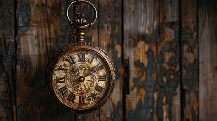 Antique clock with intricate designs, suspended from a chain, in front of a weathered wooden backdrop, studio lighting