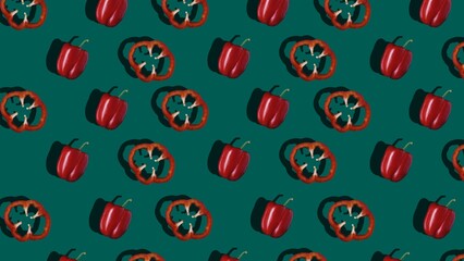 Pattern of Whole and Sliced Red Bell Peppers on Green Background