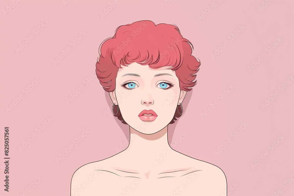 Wall mural vector illustration of a woman with short red hair and blue eyes on a pink background, perfect for b