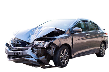 Obraz premium Car crash, Front and side of modern black car get damaged by accident on the road. damaged cars after collision. isolated on transparent background, PNG File