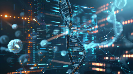 Genetic data visualization. DNA double helix structure. Abstract digital background with glowing particles. 3D rendering.
