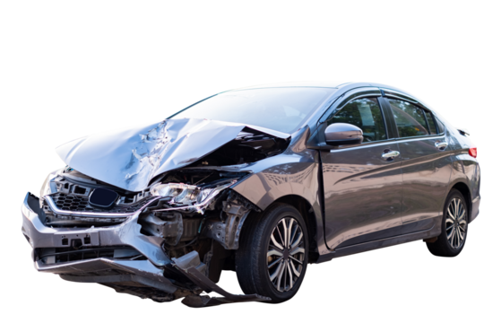 Car crash, Front and side of modern black car get damaged by accident on the road. damaged cars after collision. isolated on transparent background, PNG File