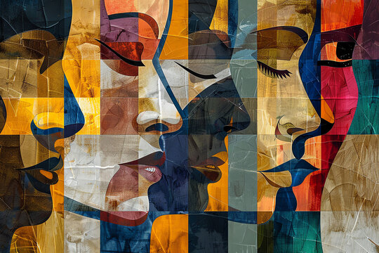 An abstract painting of colorful faces made of geometric shapes.