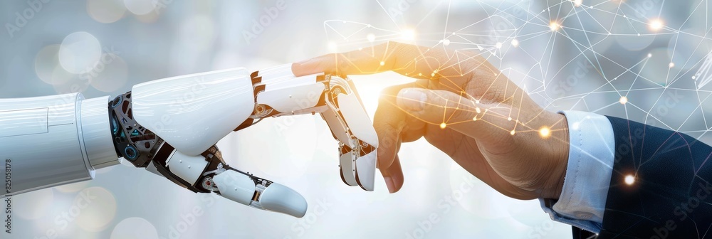 Poster robot and human hands touch on data network background for futuristic tech concept