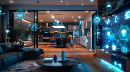 A sophisticated and modern living space equipped with advanced smart home technology, featuring interactive holographic displays and seamless integration of digital interfaces 