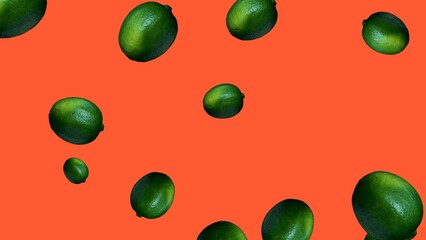 Green whole limes on an isolated bright orange background. The fresh citrus fruit pattern is perfect for food and kitchen themes.