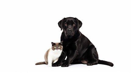 A black Labrador Retriever and a white cat sit together on a white background, showcasing a beautiful pet friendship and companionship.