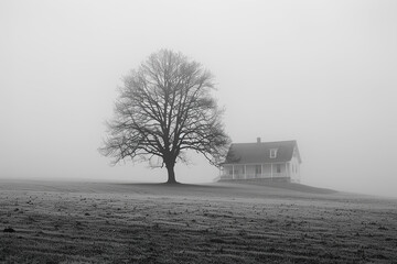 A tree in the fog behind the lonely country hose. Conception for Simplicity Day, July 12