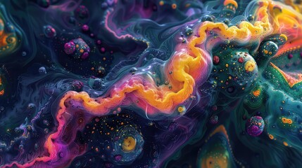 Hepatitis particles swirling in a chaotic pattern, Psychedelic, Bright Neon Colors, Digital Art, Representing viral chaos