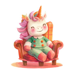 Cute unicorn sitting on chair white background (18)