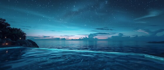 The photo shows a beautiful seascape at night
