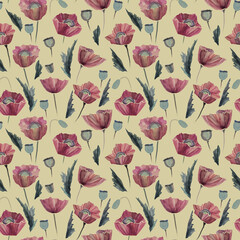 Romantic watercolor seamless pattern, scarlet poppies on a light background. Paint texture, paper texture, watercolor drawing.