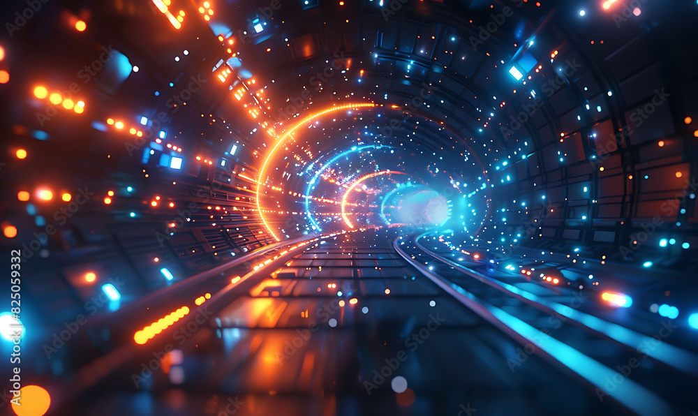 Fototapete Abstract and futuristic image representing global data exchange, featuring a tunnel-like effect with vibrant blue and orange lights, emphasizing high-speed data transfer and advanced technology